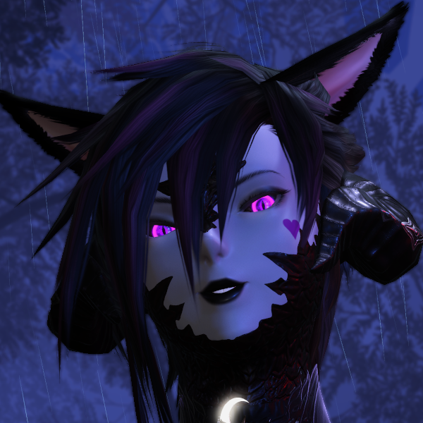 Lilith gazing down at the camera with a smirk. She has lizard like eyes, glowing purple, Miqote ears, facial scales and male Au Ra horns.